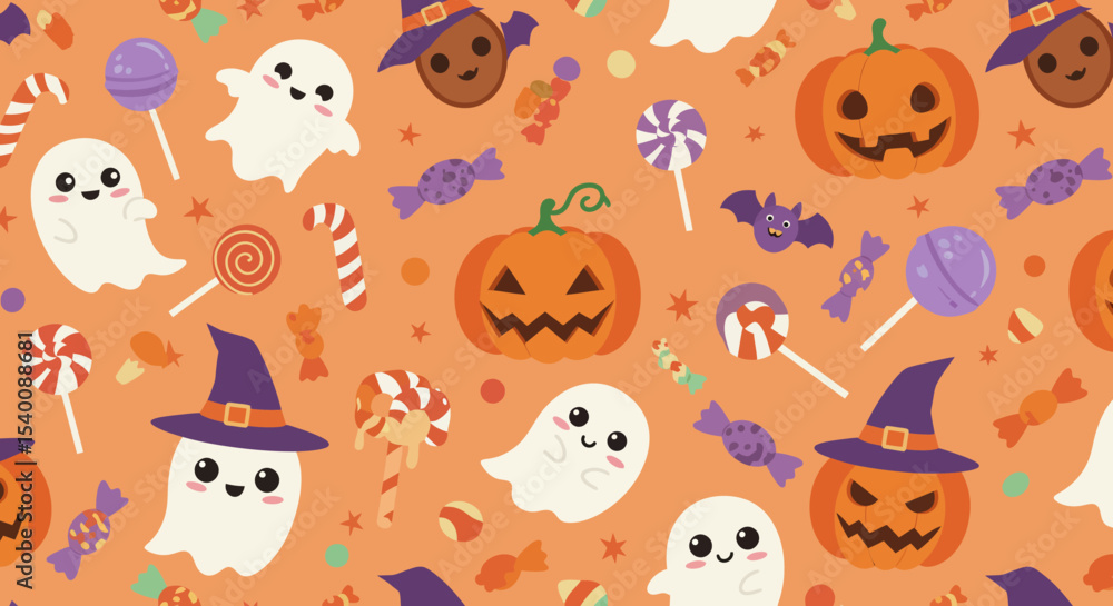 Obraz premium Cute Halloween Pattern with Ghosts, Pumpkins, and Candy