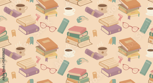 Cozy Study Pattern: Books, Coffee, and Reading Accessories on Beige Background