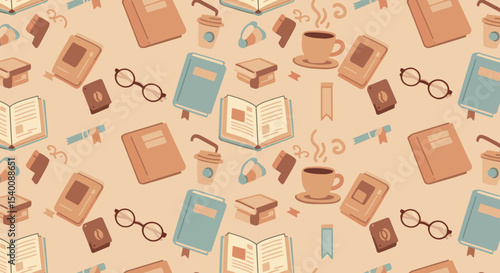 Cozy Study Pattern: Books, Coffee, and Reading Glasses on Beige Background