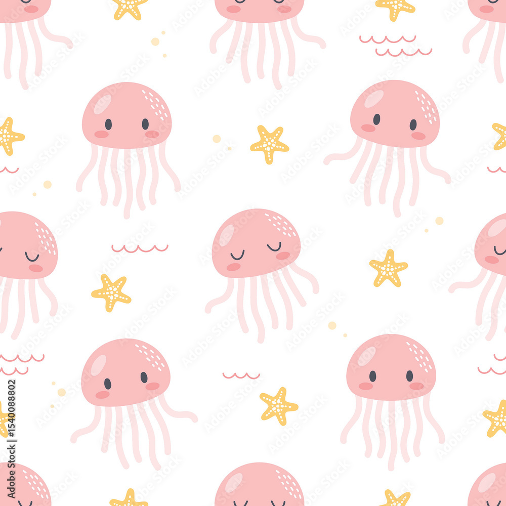 Fototapeta premium cute Jellyfish and starfish seamless pattern background on white for kids 
