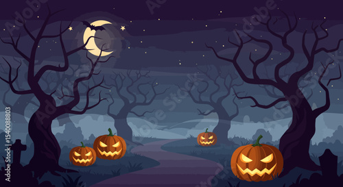 Halloween Night Scene with Jack-o'-lanterns and Bare Trees