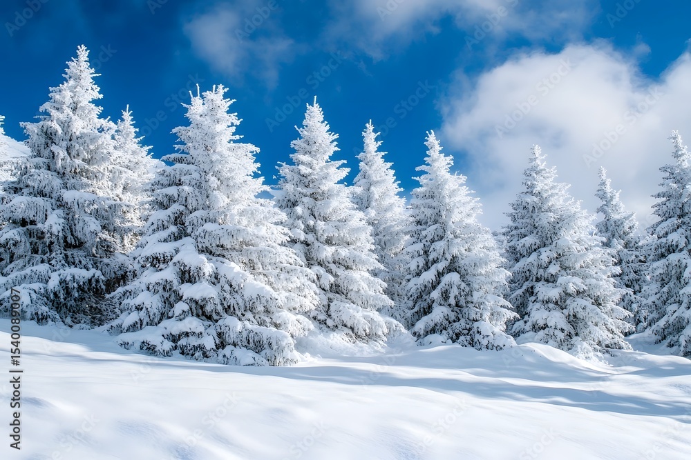 Snow-covered pine trees on a mountain slope against a blue sky Snow-covered pine trees on a mountain slope against a blue sky
