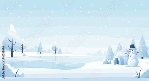 Winter Wonderland Scene Featuring Snowman, Igloo, and Falling Snowflakes