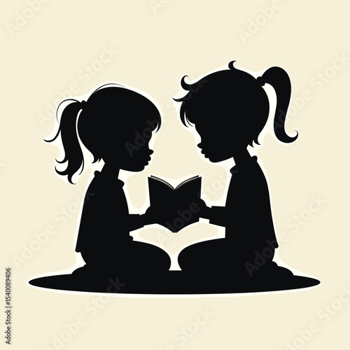 Two children reading a book together in silhouette on light background  