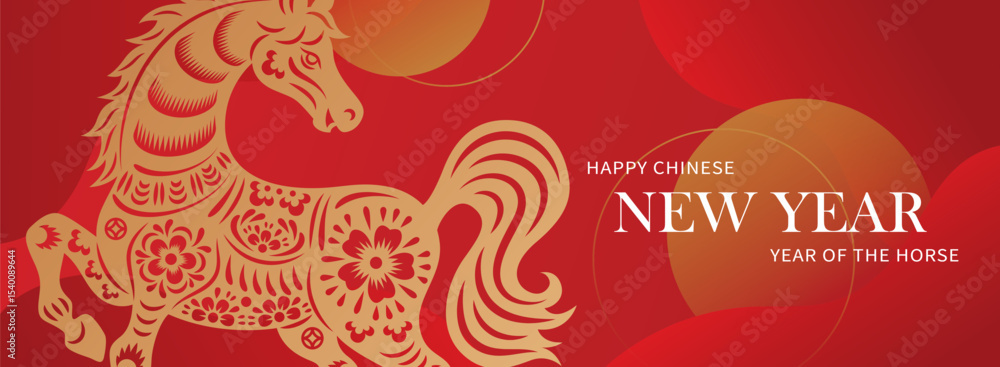 Fototapeta premium Happy Chinese new year banner with horse on red background. Vector illustration for banner, posters, flyers, greeting cards and invitation.