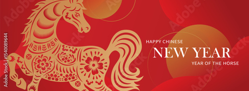 Happy Chinese new year banner with horse on red background. Vector illustration for banner, posters, flyers, greeting cards and invitation.