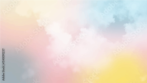 abstract background featuring a soft, blended texture similar to watercolor or clouds. The color palette should include pastel shades of Ash, grey, dark pink, sky blue, yellow and white, with smooth