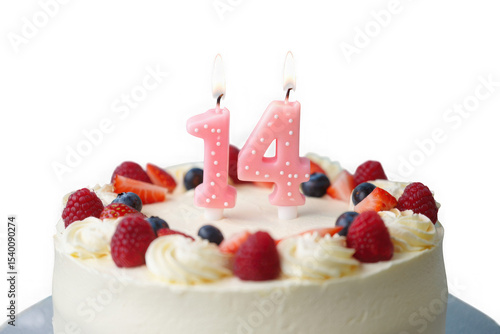 Sweet Celebration Fourteen Candles, Berries, and a Creamy Cake, a Delightful Birthday Treat