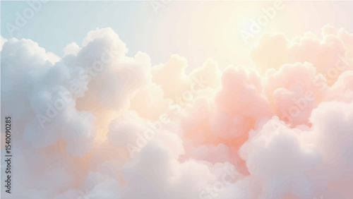 abstract background featuring a soft, blended texture similar to watercolor or clouds. The color palette should include pastel shades of Ash, grey, dark pink, sky blue, yellow and white, with smooth