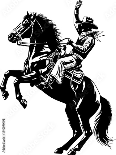 a cowboy riding a rearing horse