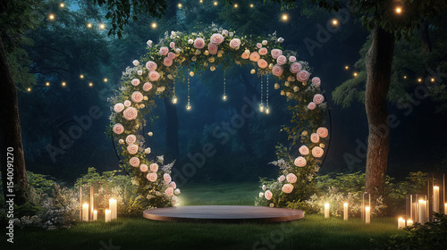Round Floral Arch with Pink and White Roses and Lights for Night Wedding Decoration