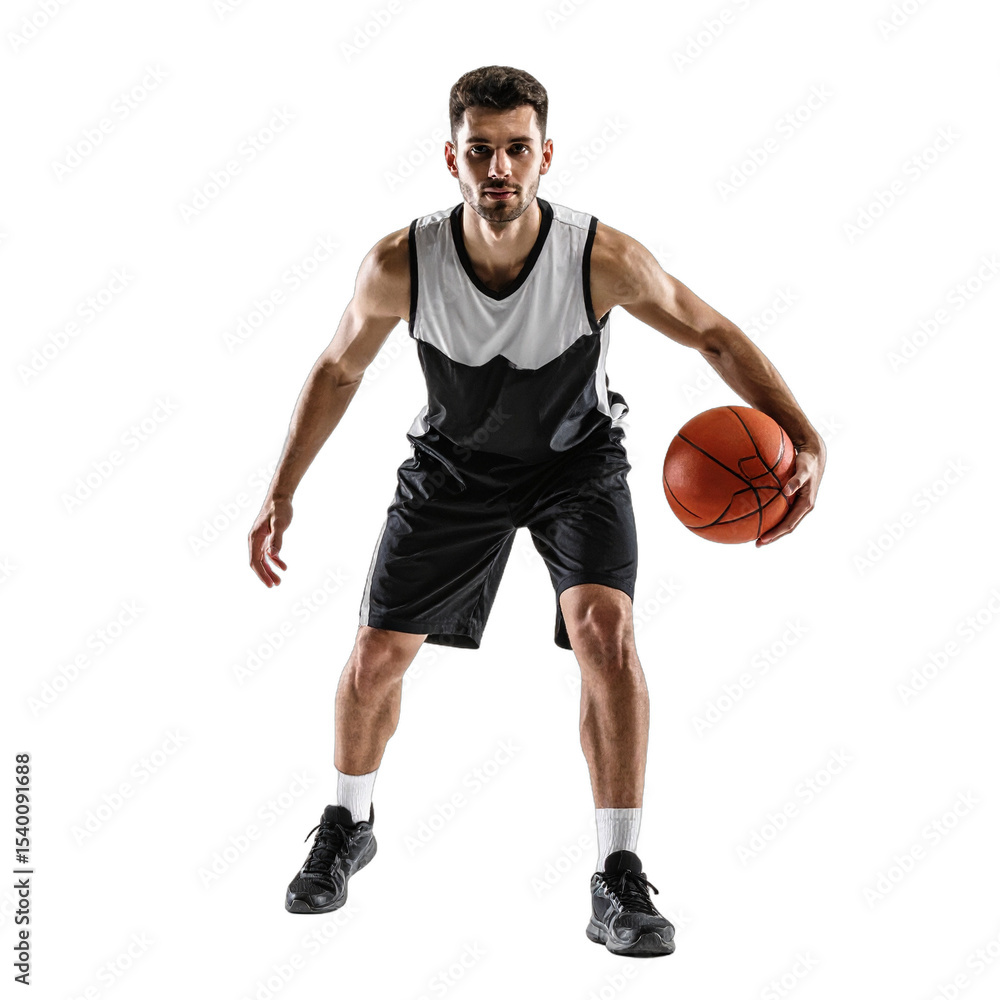 Basketball Player in Action: A focused athlete dribbles a basketball with skill and determination, ready to make a play in a high-action sports photograph. Basketball Player in Action: A focused athlete dribbles a basketball with skill and determination, ready to make a play in a high-action sports photograph.