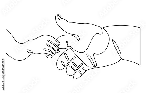 One continuous line drawing of baby kid hand holding mom dad parents hands. son daughter grab mommy daddy hand. family doodle outline art line vector illustration