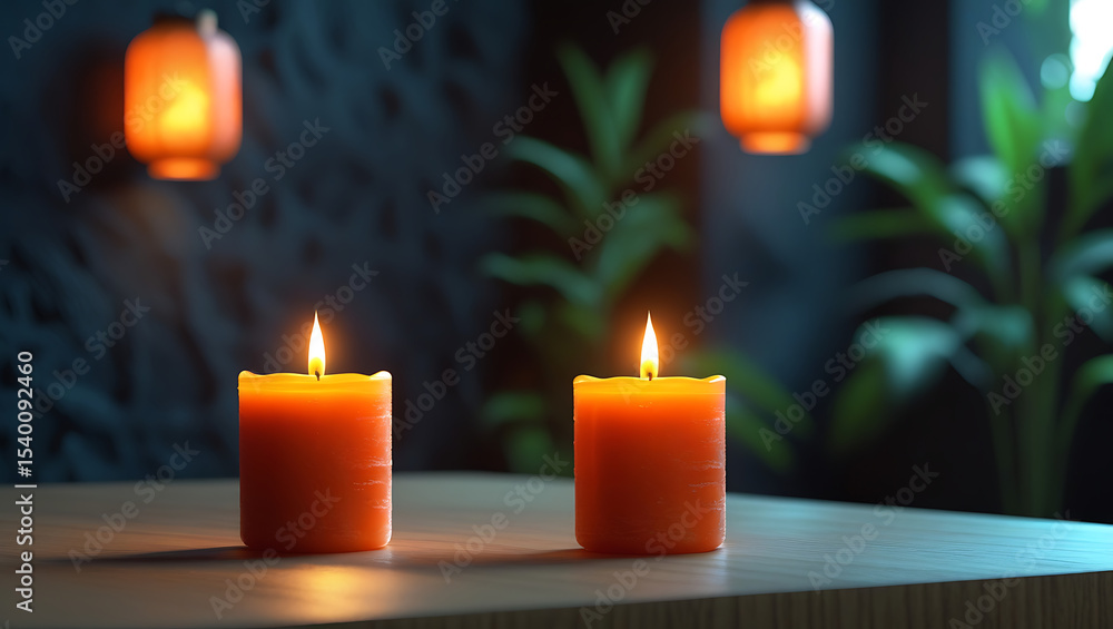 Three glowing Christmas candles illuminate a dark table, their gentle flames casting a warm holiday light beside a festive tree Three glowing Christmas candles illuminate a dark table, their gentle flames casting a warm holiday light beside a festive tree