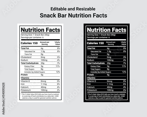 Editable and resizable snack bar nutrition facts label