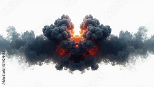 Generate a symmetrical image of a dense, dark smoke cloud expanding outwards from a central, intense orange and red glowing core, indicative of a powerful explosion or a fiery reaction.