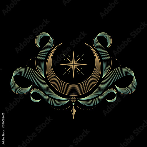 mysterious golden magical moon with green cloud logo abstract