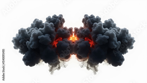 Generate a symmetrical image of a dense, dark smoke cloud expanding outwards from a central, intense orange and red glowing core, indicative of a powerful explosion or a fiery reaction.