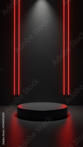 Black product display podium with red neon lights