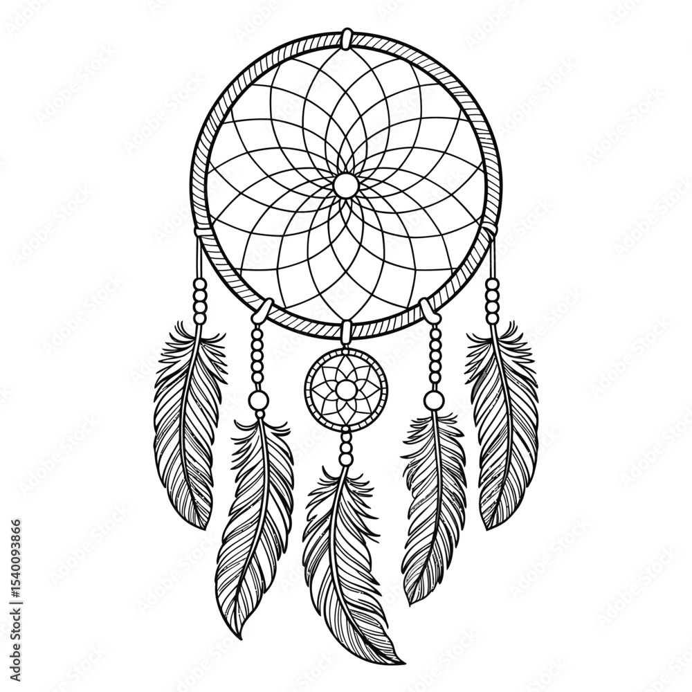 Fototapeta premium Detailed black and white dreamcatcher with feathers and ornate design on a white background for decorative designs