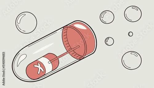 A transparent medical capsule floating in a air displaying its contents through its see-through shell                   