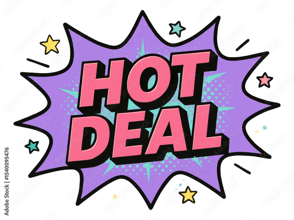 Fototapeta premium Purple burst sticker with HOT DEAL in bold comic style, vibrant retail sale promo on transparent background.