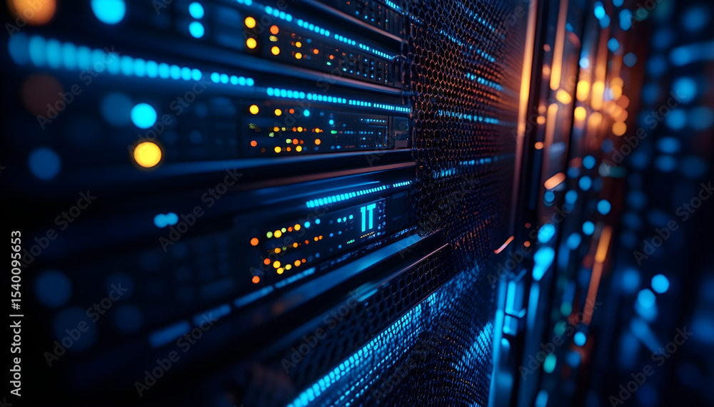 Naklejka premium Server rack with glowing it logo, data cables, and blue lighting on a dark background