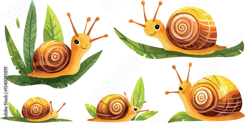Cute Cartoon Snails on Green Leaves Adorable Mollusks with Smiling Faces and Shells Perfect for Children s Illustrations and Nature Themed Designs on a Clean