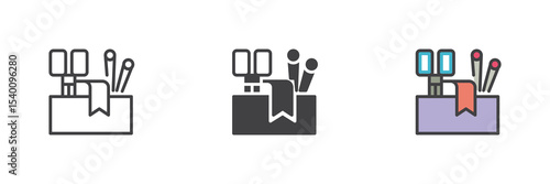 Sewing tools icon set in outline, solid and colorful filled styles