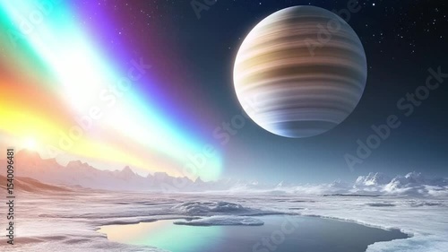 Stunning Celestial Landscape Featuring a Planet and Colorful Aurora Over Icy Terrain