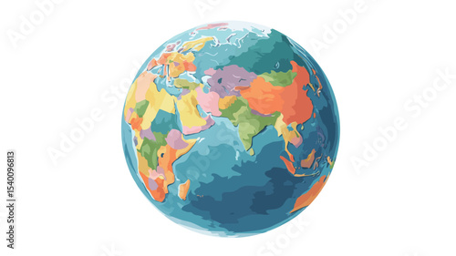 A stylized watercolor illustration of the Earth, depicted as a sphere. The continents are represented in various pastel colors, with blues and greens dominating the oceans. The style is painterly