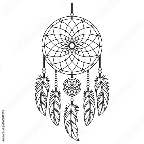 Intricate dreamcatcher design with feathers and geometric patterns vector illustration in black and white style isolated on white background for graphic design and decorative uses