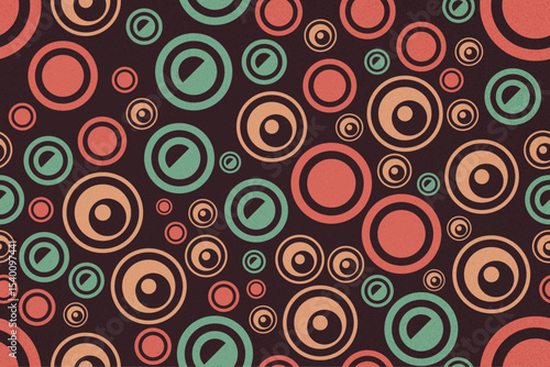 Abstract rings tracery seamless patterns with bold circular outlines in earthy red and green tones on a dark background
