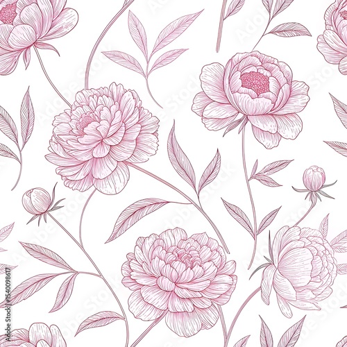 "Seamless pink peony floral pattern on white background, vintage botanical sketch style."

