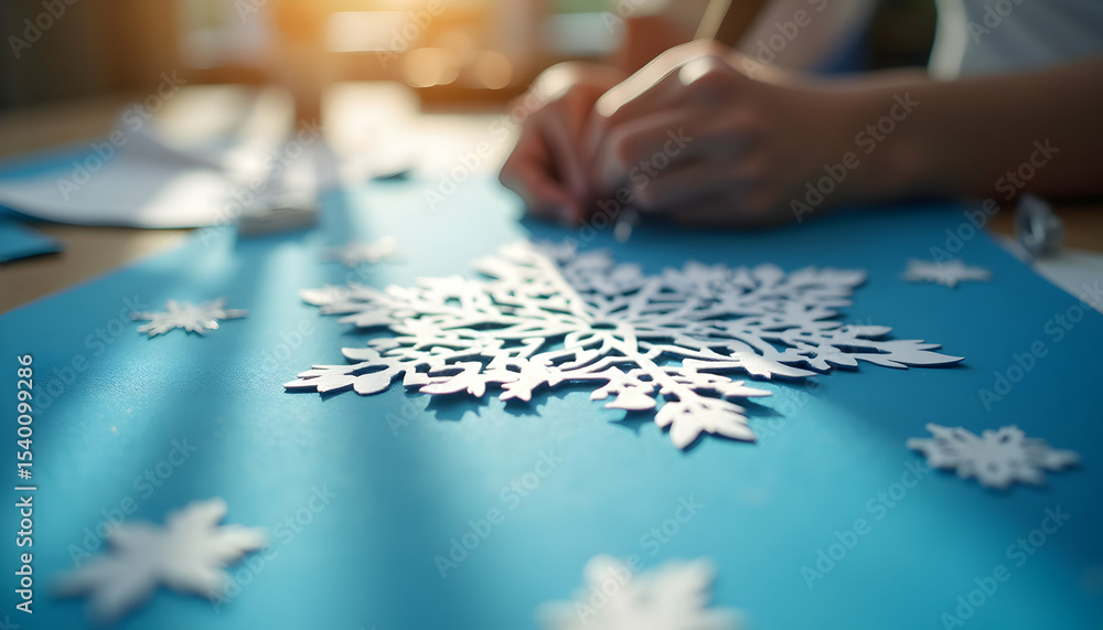 Fototapeta premium Crafting Paper Snowflakes Close-up, Hands at Work on Winter Decorations