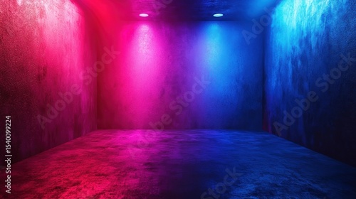 A dimly lit, empty room with a concrete floor and walls, illuminated by blue and pink neon lights.