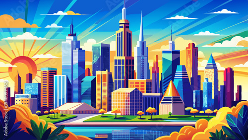 Vibrant sunny view of Chicago downtown skyline under a blue sky Very beautiful