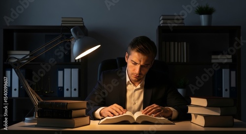Focused Businessman Studying Late at Night in his Office
