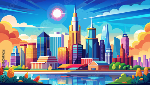 Vibrant sunny view of Chicago downtown skyline under a blue sky Very beautiful