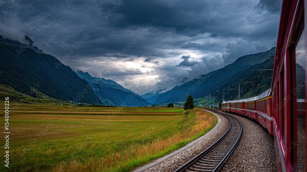 Fototapeta premium Scenic train journey through dramatic mountainous landscape under moody sky with sunlight breaking