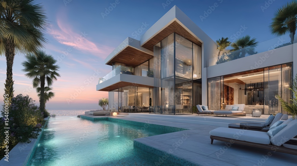 Obraz premium A multi level luxury home with large glass windows overlooks the ocean at sunset.