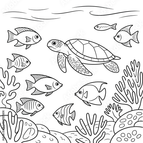 Underwater scene featuring a sea turtle and various fish swimming in a coral reef black and white illustration