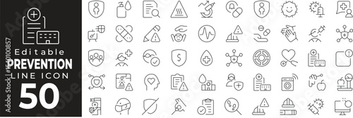 Health and safety prevention icons. Includes hand wash, masks, warning signs, virus control, and risk prevention. Editable stroke.