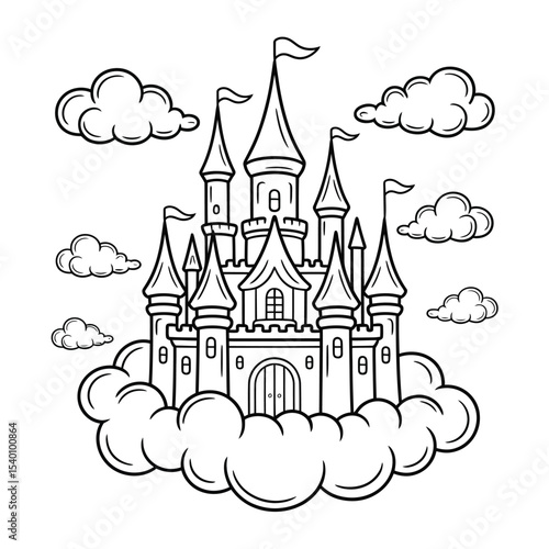 Whimsical black and white illustration of a fairy tale castle floating amongst fluffy clouds perfect for coloring books and children's designs