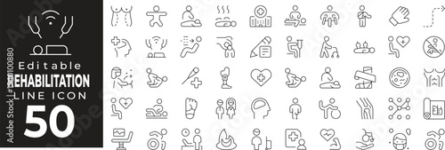 Rehab and recovery icon collection. Includes physiotherapy, walking aid, medical recovery, health support, and wellness. Editable stroke.