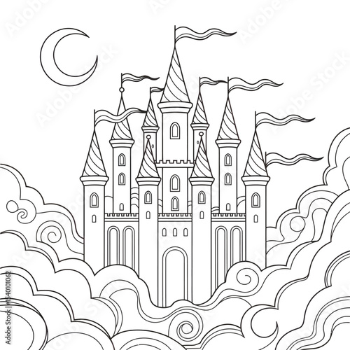 Whimsical fairy tale castle illustration black and white outline with crescent moon and clouds perfect for coloring pages