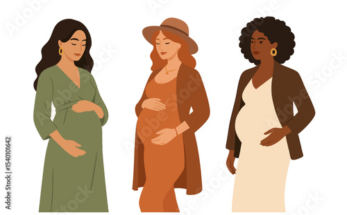 Vector illustration of three stylish pregnant women in different outfits and poses. Ideal for maternity content, inclusive motherhood visuals, prenatal care, and fashion-forward parenting designs.