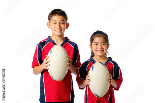 Smiling Siblings, Rugby Enthusiasts, Holding Rugby Balls, Youth Sports, Active Kids, Sporting Spirit, Teamwork, Fun, Childhood, Energy, Action Shot, Portrait, White Background, Kids Sports Photography