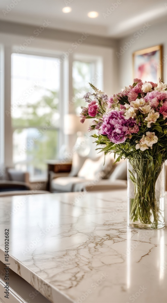 Fototapeta premium Brightly lit kitchen island showcasing a vase of mixed pink and white flowers, with a blurred living area and large window in the background