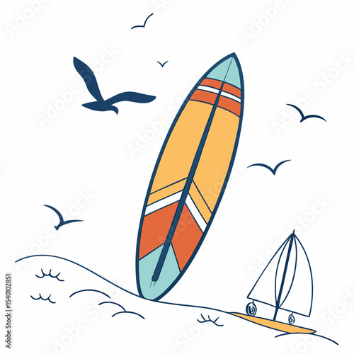 Illustration of a surfboard near the beach, surrounded by birds, capturing the essence of summer and coastal adventures.